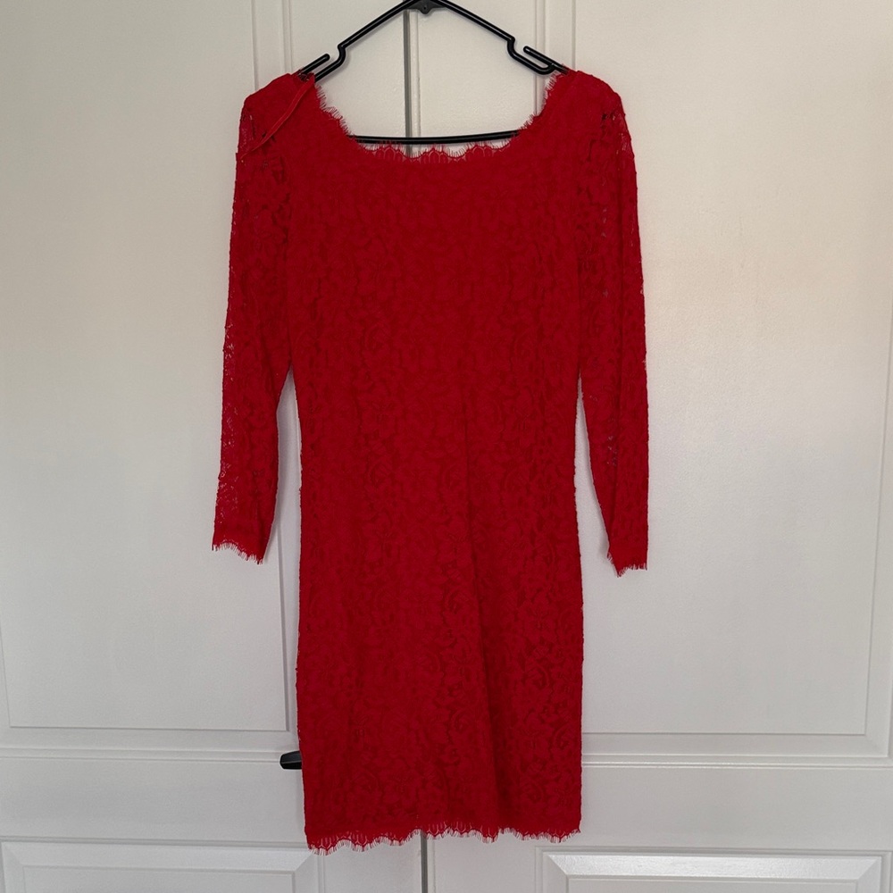 Diane Von Furstenberg Red Lace Long Sleeve Dress